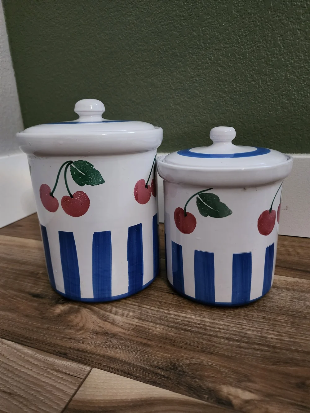 Pier 1 Hand-Painted Cherry Ceramic Canister Set - White, Red & Blue